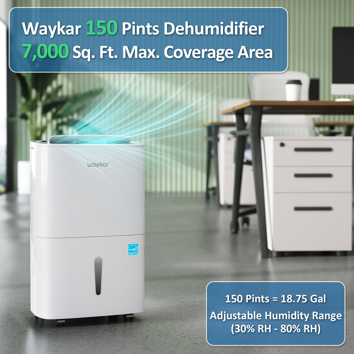 150-Pints Large Area Dehumidifier with Pump and Auto Defrost - Covers Up to 7,000 Sq. Ft, with Drain Hose, Self-Drying