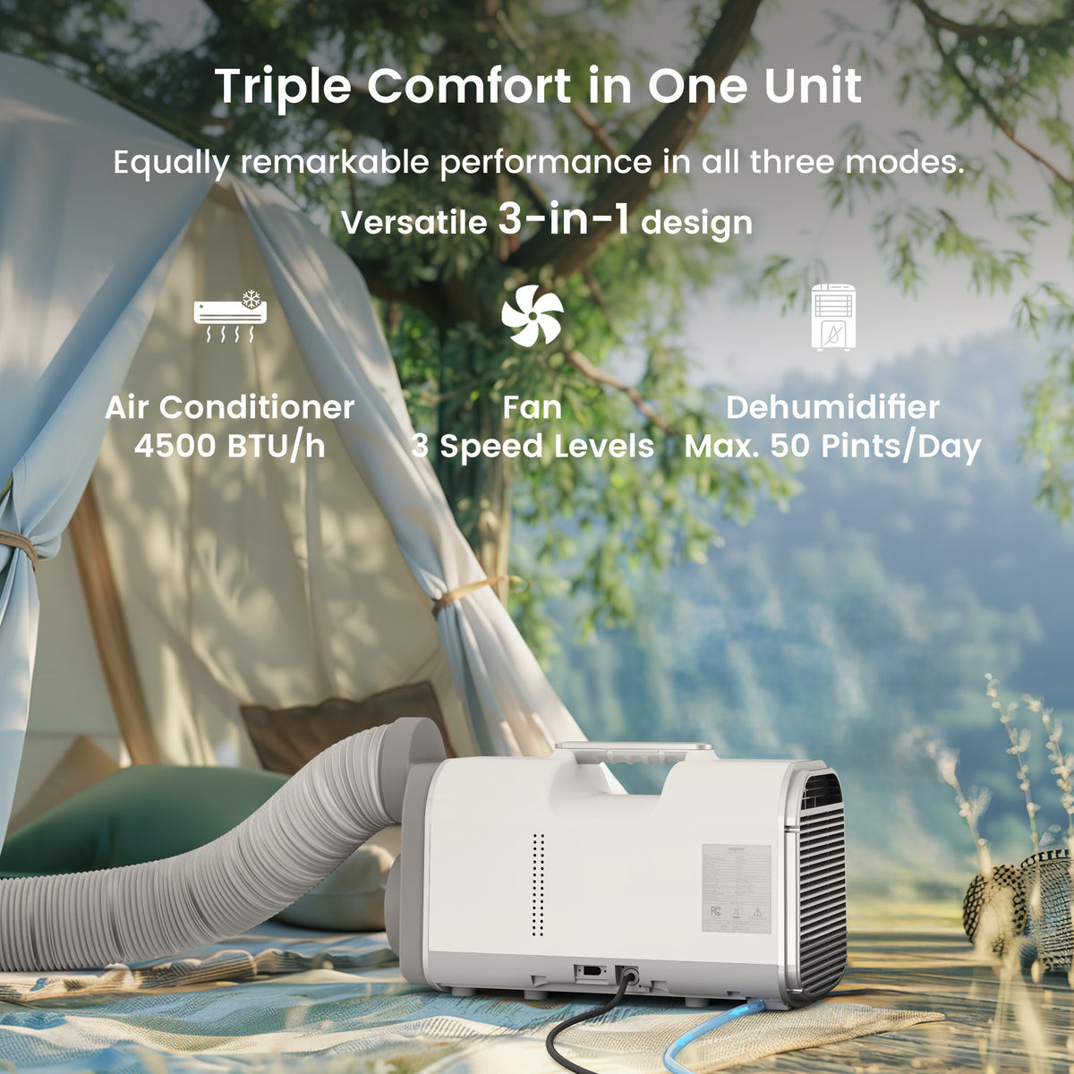 4500 BTU portable air conditioner with remote control, cools 130 square feet, suitable for small spaces, camping, RVs, etc.