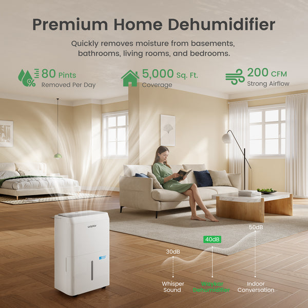 80-Pint Dehumidifier: Energy Star Most Efficient for Home, Basement, and Large Rooms up to 5,000 Sq. Ft. with Drain Hose & Water Tank